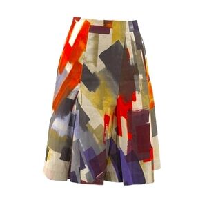 AKRIS Brush Stroke Cotton Multi Color Graphic High Waist Pleat Knee Skirt